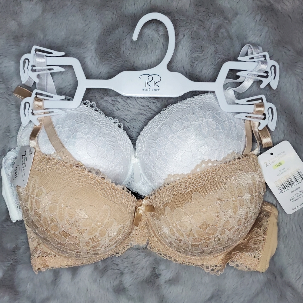 René Rofé neutral lace demi extreme push up bra duo in 34B